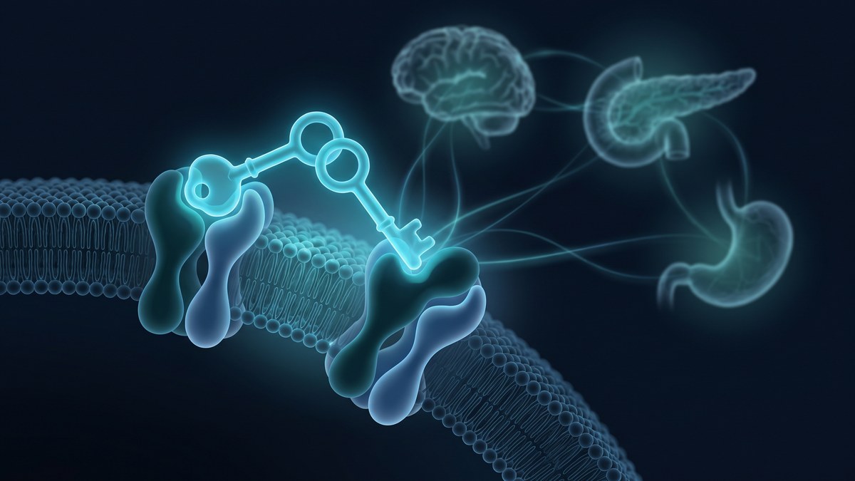Ilustración de la tirzepatida activando los receptores GIP y GLP-1 en el cerebro, el páncreas y el estómago